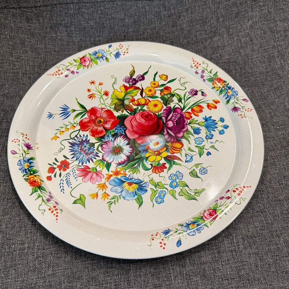 Vintage Metal Serving Tray By Elite Made In England Floral Roses Design 10” Dia